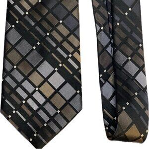 Calvin Klein Mens Tie Classic Cut 100% Silk Geometric Blue/Brown/Gray White Dots